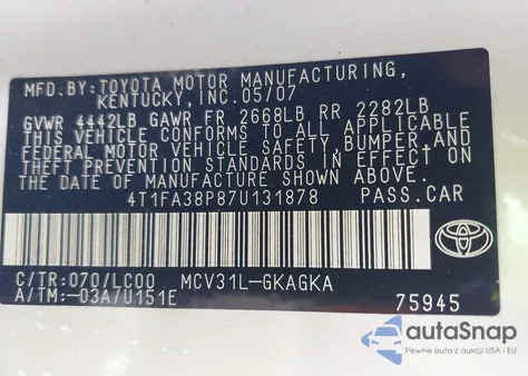 2007 Toyota Camry Solara Sle z USA, uszkodzony, nr VIN 4T1FA38P87U131878